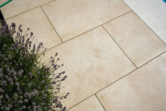 Almond outdoor porcelain paving patio room setting