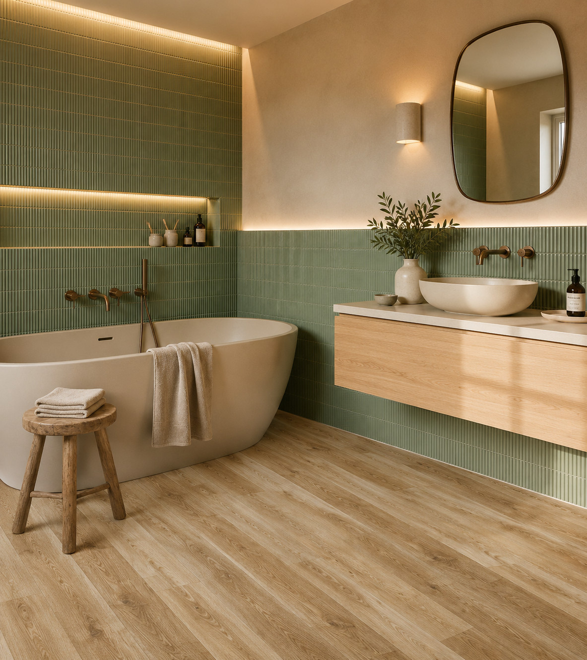 Ashdown Light Oak Luxury Click Vinyl Flooring 6mm installed in a modern spa-style bathroom with warm natural oak tones, realistic wood grain detailing, subtle knot patterns, waterproof SPC plank flooring, freestanding bath and sage green feature tiles.