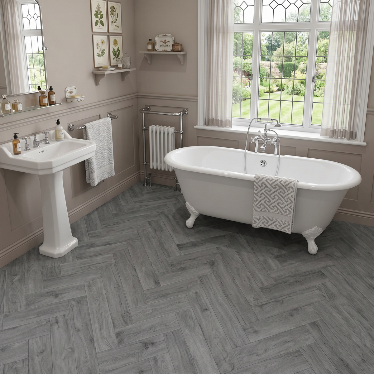 Azure Grey Herringbone Luxury Click Vinyl Flooring 5mm installed in a traditional bathroom, featuring elegant cool grey wood-effect herringbone SPC flooring with authentic grain, realistic knot detailing and a natural matt finish, complementing a freestanding bath and classic interior design.