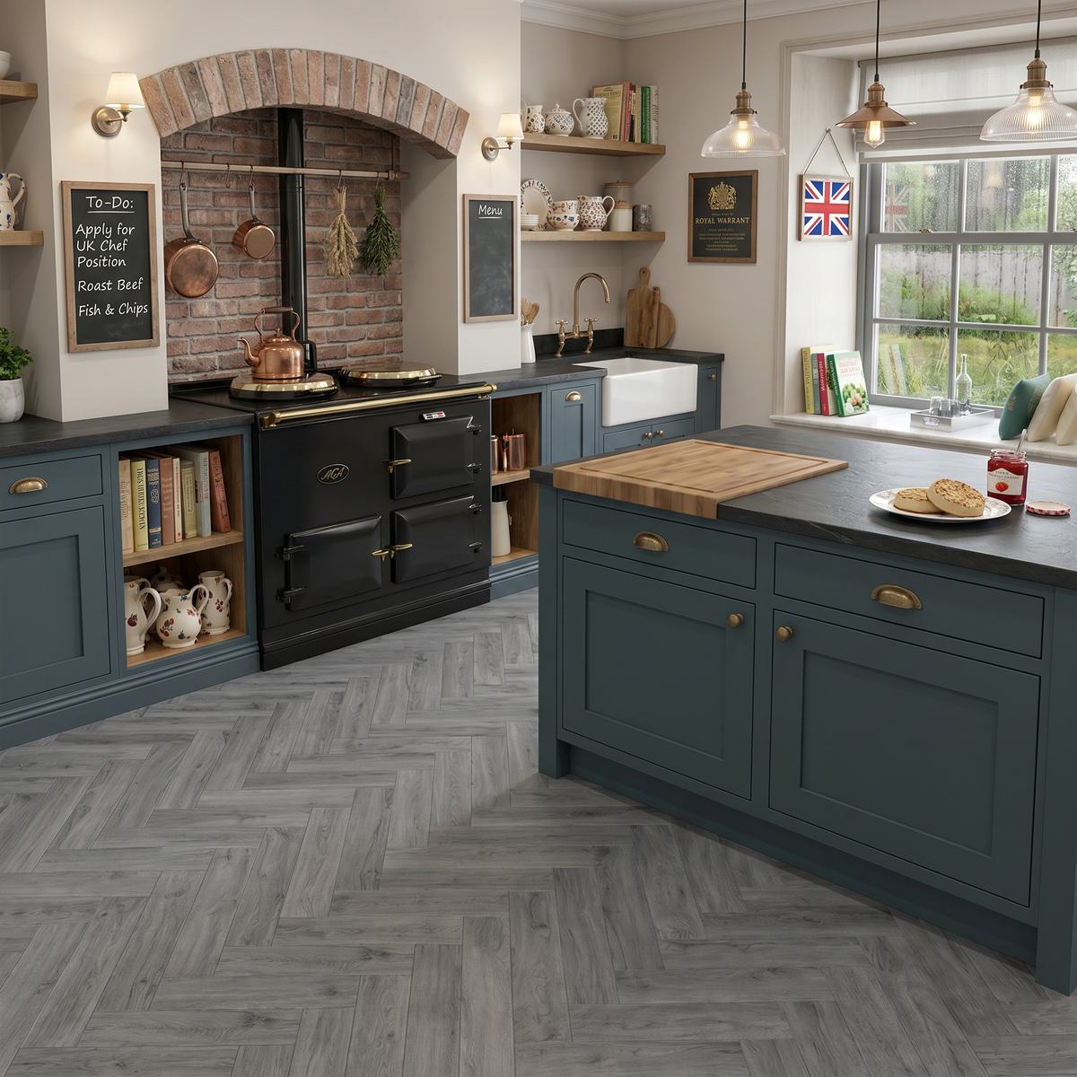 Azure Grey Herringbone Luxury Click Vinyl Flooring 5mm installed in a traditional country-style kitchen, featuring cool grey wood-effect herringbone SPC flooring with authentic grain, realistic knot detailing and a natural matt finish, perfectly complementing blue shaker cabinets, a black range cooker and classic farmhouse décor.