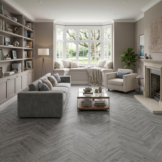 Azure Grey Herringbone Luxury Click Vinyl Flooring 5mm installed in a contemporary living room, featuring cool grey wood-effect herringbone SPC flooring with authentic grain, realistic knot detailing and a natural matt finish, creating a bright, elegant space with a large bay window, built-in shelving and modern neutral décor.