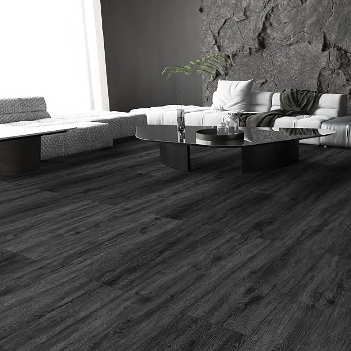 Black Ash SPC flooring in a modern living room with realistic dark oak wood grain planks, waterproof luxury vinyl flooring, contemporary black and grey interior design, feature wall and premium residential décor.