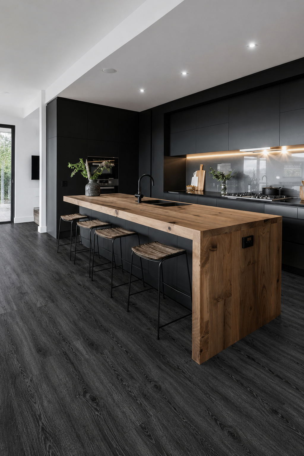 Black Ash SPC flooring in a modern kitchen with authentic dark oak wood effect planks, waterproof luxury vinyl flooring, black shaker-style cabinetry, statement wooden island, open-plan living space and contemporary home décor.