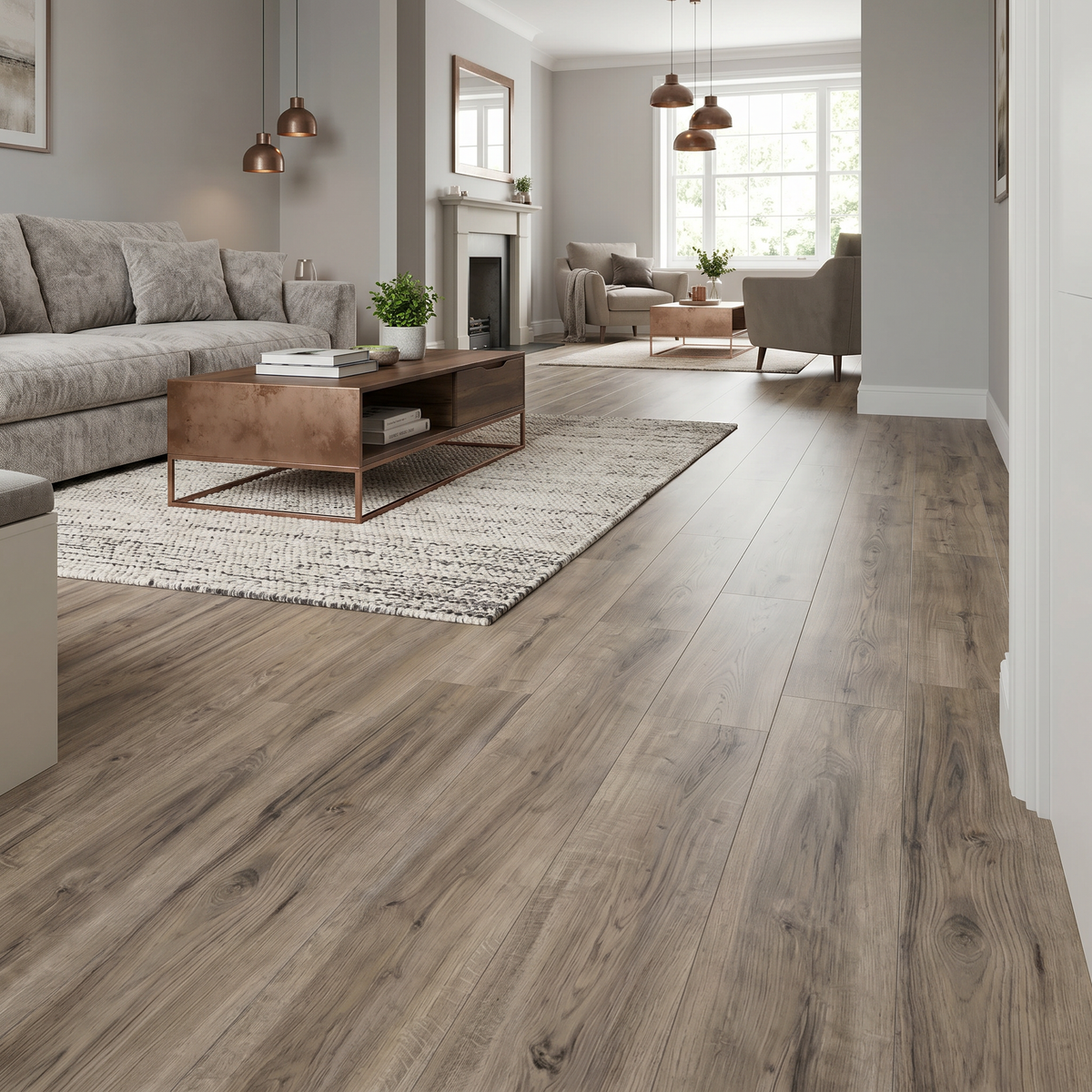 Cartmel Oak Luxury Click Vinyl Flooring 5mm installed in a contemporary open-plan living room, showcasing warm oak wood-effect SPC planks with authentic natural grain, subtle knot detailing and a realistic matt finish, creating a stylish, durable and waterproof living space.