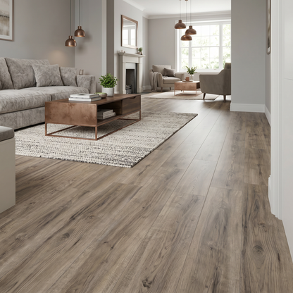 Cartmel Oak Luxury Click Vinyl Flooring 5mm installed in a contemporary open-plan living room, showcasing warm oak wood-effect SPC planks with authentic natural grain, subtle knot detailing and a realistic matt finish, creating a stylish, durable and waterproof living space.