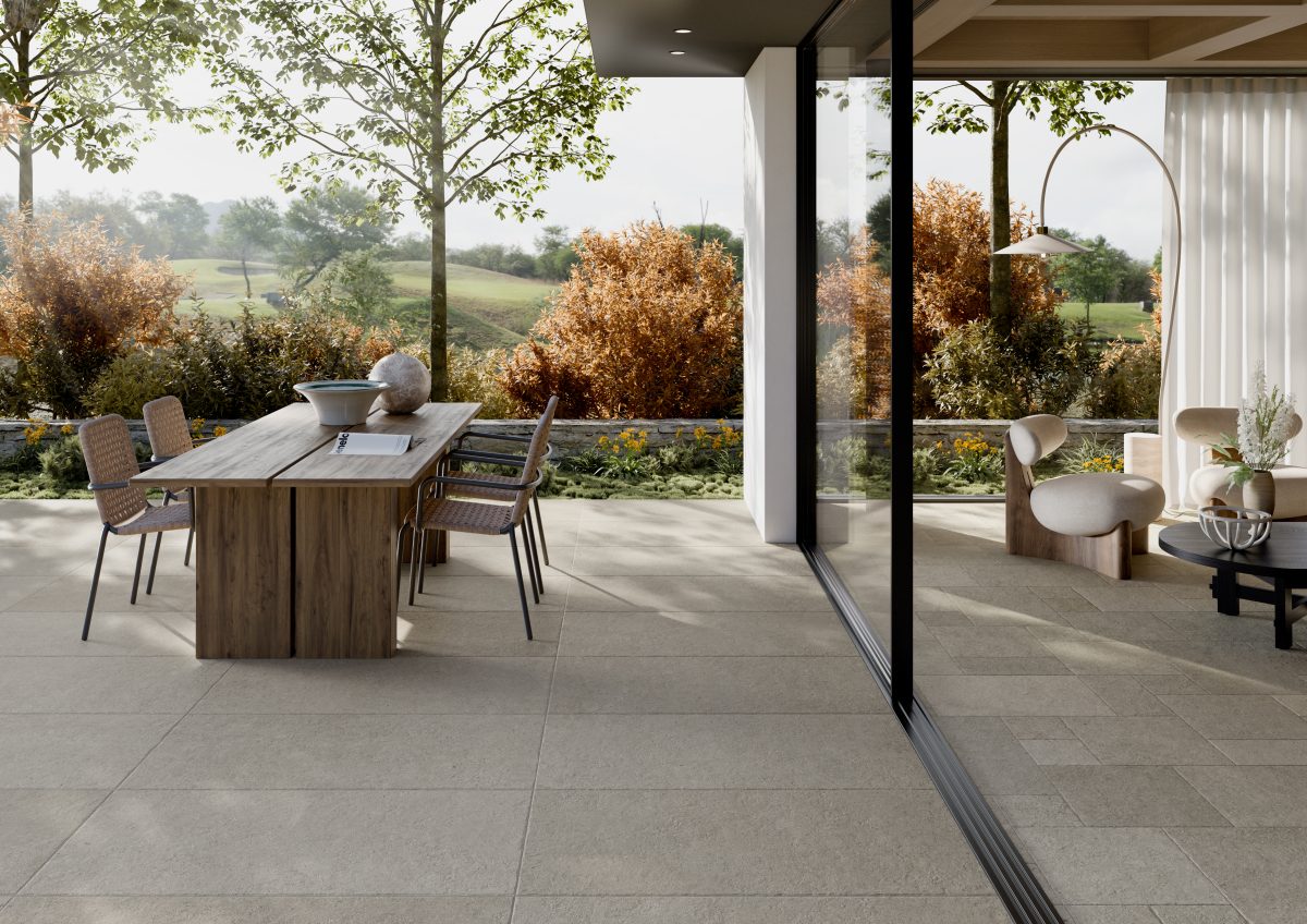 Essence outdoor porcelain paving indoor outdoor room setting