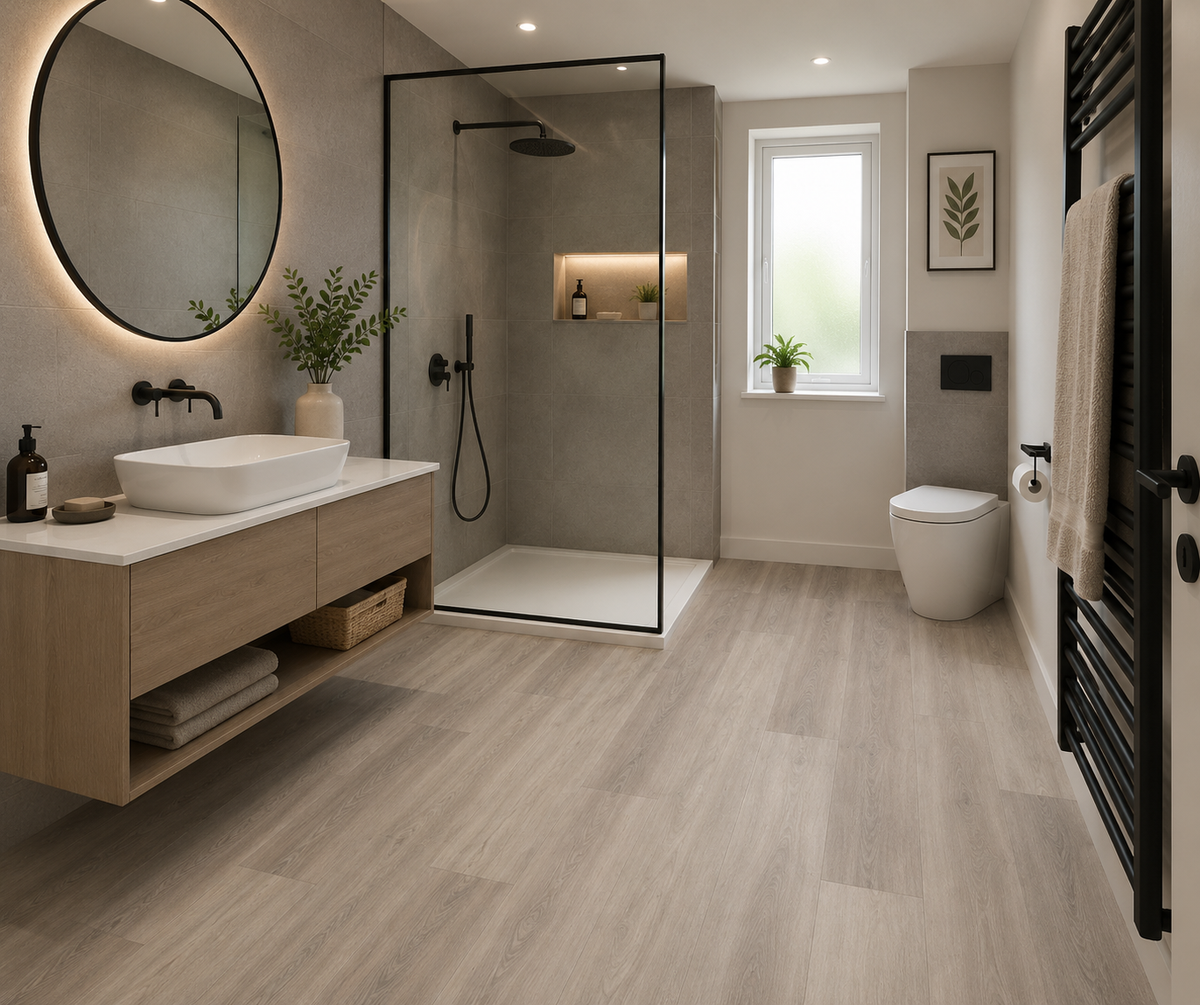 Modern contemporary bathroom featuring Epping Teak Grey Luxury Click Vinyl Flooring with cool grey wood-effect wide planks, realistic wood grain, subtle natural knot detailing and an embossed matt finish. Waterproof SPC rigid core flooring ideal for stylish family bathrooms