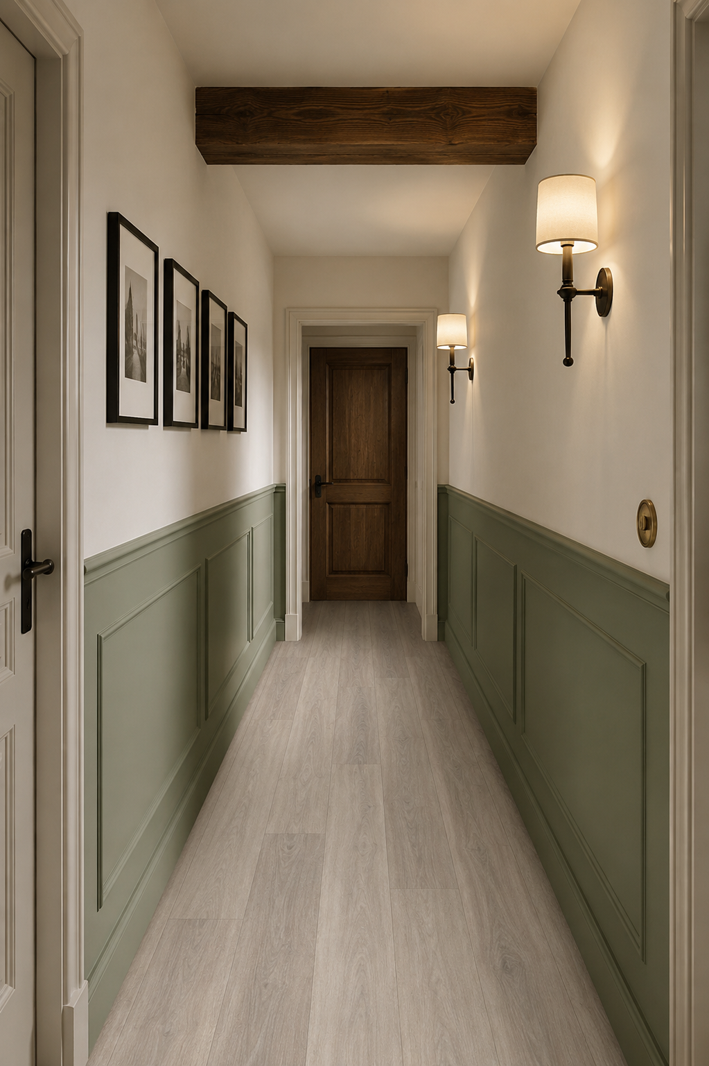 Contemporary hallway featuring Epping Teak Grey Luxury Click Vinyl Flooring with cool grey wood-effect wide planks, realistic wood grain, subtle natural knot detailing and an embossed matt finish. Waterproof SPC rigid core flooring perfect for hallways and modern family homes.