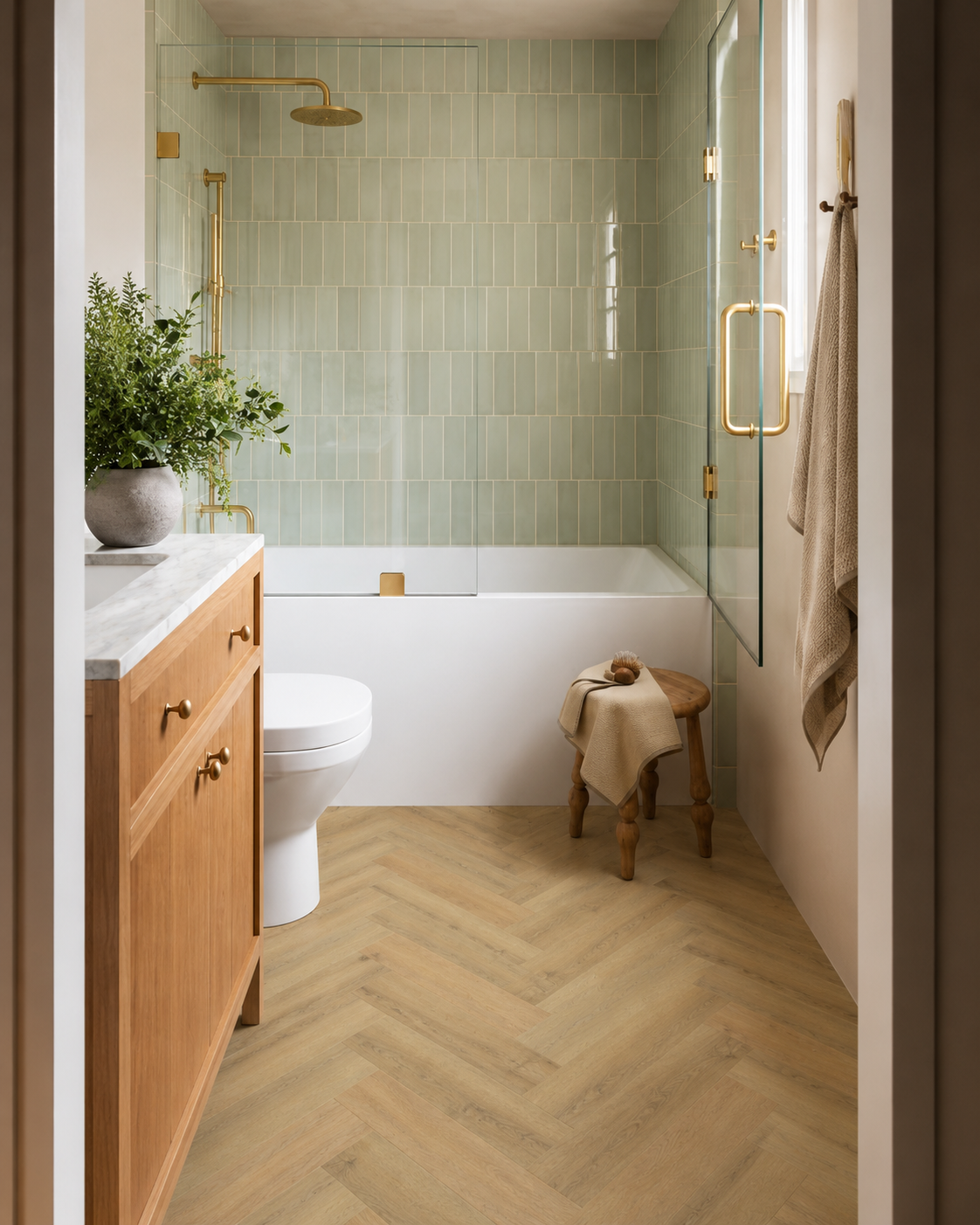 Fireside Oak Herringbone Luxury Click Vinyl Flooring 5.5mm in a modern bathroom with warm oak herringbone waterproof SPC flooring and brushed brass fixtures.