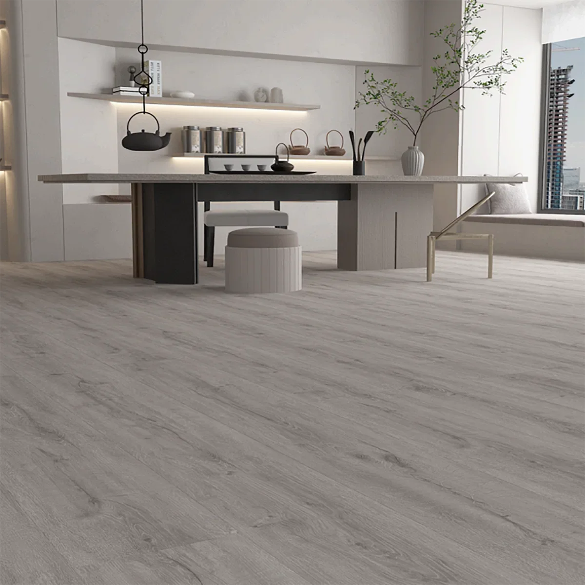 Modern kitchen featuring Gran Canaria Luxury Click Vinyl Flooring 5mm with mid-grey oak-effect SPC rigid core flooring, authentic wood grain texture, embossed matt finish, waterproof click vinyl planks and contemporary open-plan interior.