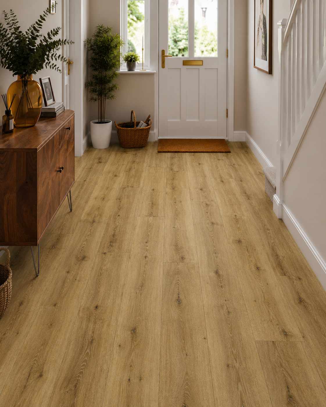 Grizedale Aged Oak XL Luxury Click Vinyl Flooring 7mm installed in a bright modern hallway, showcasing extra-large waterproof SPC oak-effect planks with warm natural wood tones, realistic grain, authentic knot detailing and a textured matt finish.