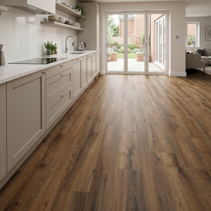 Hawkshead Oak Luxury Click Vinyl Flooring 5mm installed in a contemporary open-plan kitchen, showcasing rich warm oak wood-effect SPC planks with authentic natural grain, characterful knot detailing and a realistic matt finish, creating a stylish, durable and waterproof family living space.
