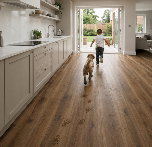 Modern family kitchen featuring Hawkshead Oak luxury click vinyl flooring with realistic wood grain detail, showing a child and dog running towards open patio doors. Waterproof, pet-friendly SPC flooring with muddy paw prints, ideal for busy family homes, kitchens and open-plan living spaces.