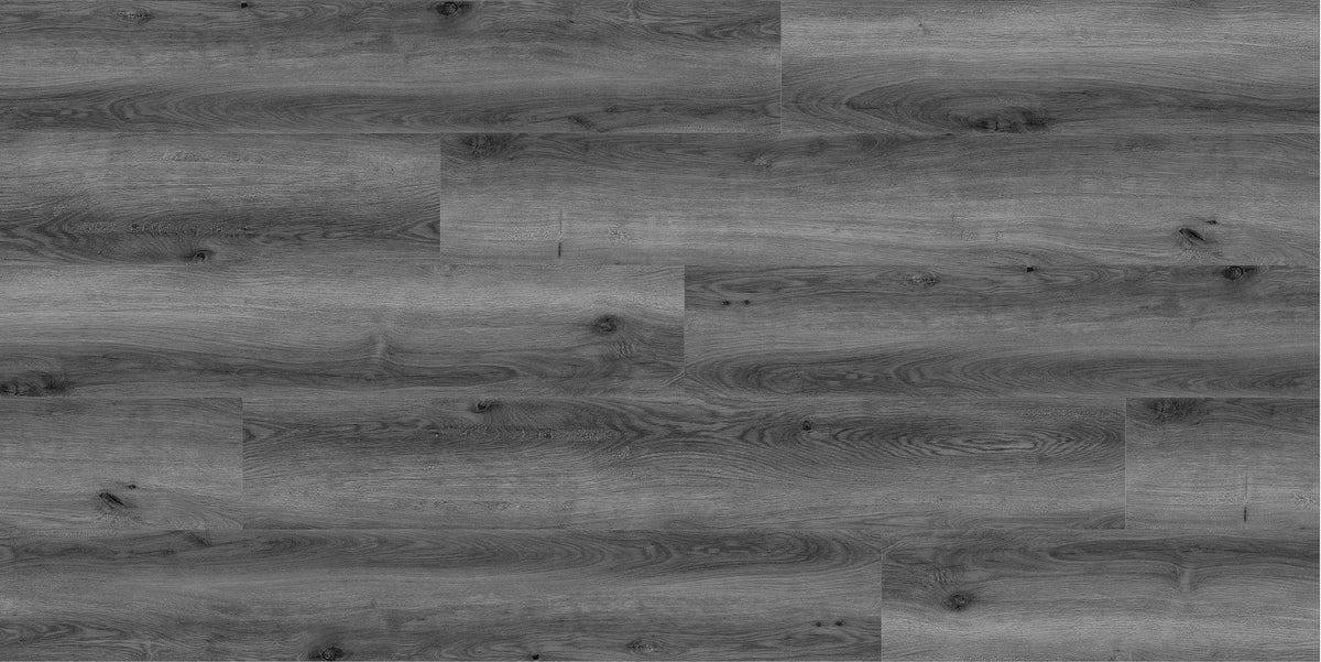 Honister Slate Grey Luxury Click Vinyl Flooring 5mm close-up showcasing dark slate grey wood-effect SPC planks with authentic natural grain, realistic knot detailing, embossed texture and a durable matt finish, ideal for waterproof flooring in modern kitchens, bathrooms, living rooms and hallways.