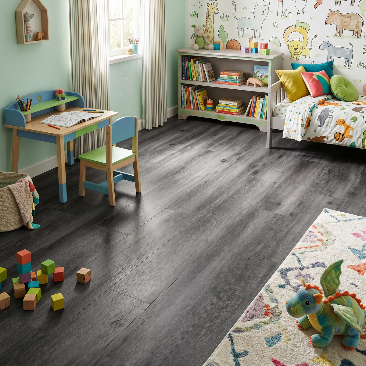 Honister Slate Grey Luxury Click Vinyl Flooring 5mm installed in a modern children's bedroom, showcasing dark slate grey wood-effect SPC planks with authentic grain, realistic knot detailing and a durable matt finish, ideal for waterproof family homes, nurseries and playrooms.