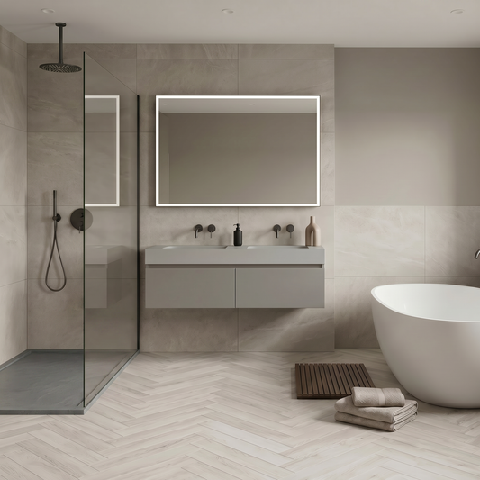 Ivory Herringbone Luxury Click Vinyl Flooring 5mm installed in a contemporary bathroom featuring soft pale grey wood-effect SPC herringbone flooring with authentic natural grain, subtle knot detailing and a realistic matt finish, creating a bright, luxurious and fully waterproof bathroom space.