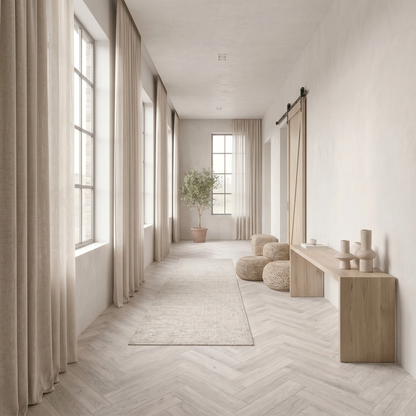 Ivory Herringbone Luxury Click Vinyl Flooring 5mm installed in a bright contemporary hallway featuring soft pale grey wood-effect SPC herringbone flooring with authentic natural grain, subtle knot detailing and a realistic matt finish, creating a light, elegant and welcoming entrance space.