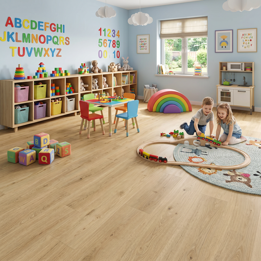 Keswick Oak Luxury Click Vinyl Flooring 5mm installed in a bright children's playroom, showcasing light oak wood-effect SPC planks with authentic natural grain, subtle knot detailing and a realistic matt finish. Durable, waterproof flooring that's perfect for busy family homes, nurseries and playrooms.