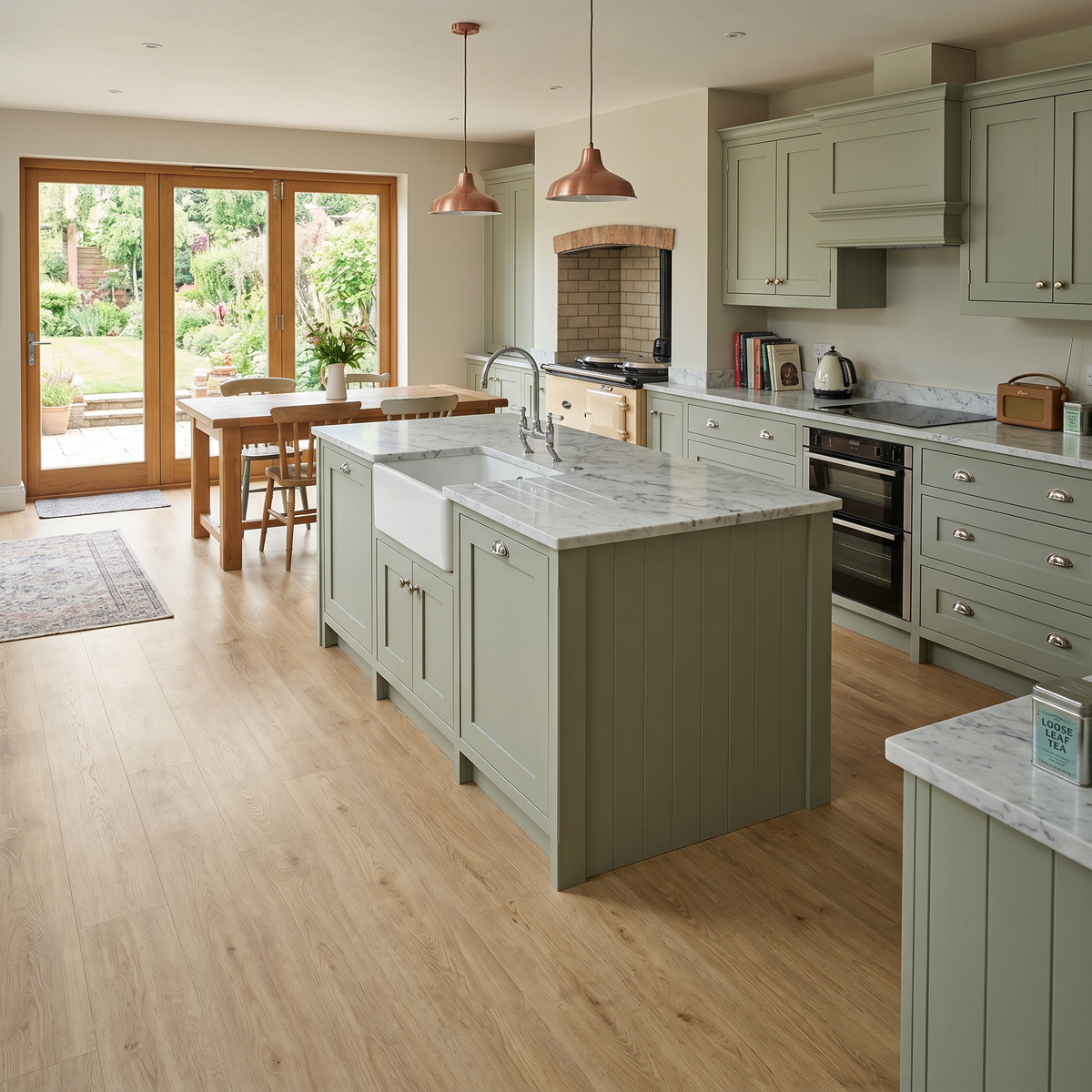 Keswick Oak Luxury Click Vinyl Flooring 5mm installed in a bright modern kitchen featuring soft light oak wood-effect SPC planks with authentic natural grain, subtle knot detailing and a realistic matt finish, creating a warm, spacious and contemporary family living space.