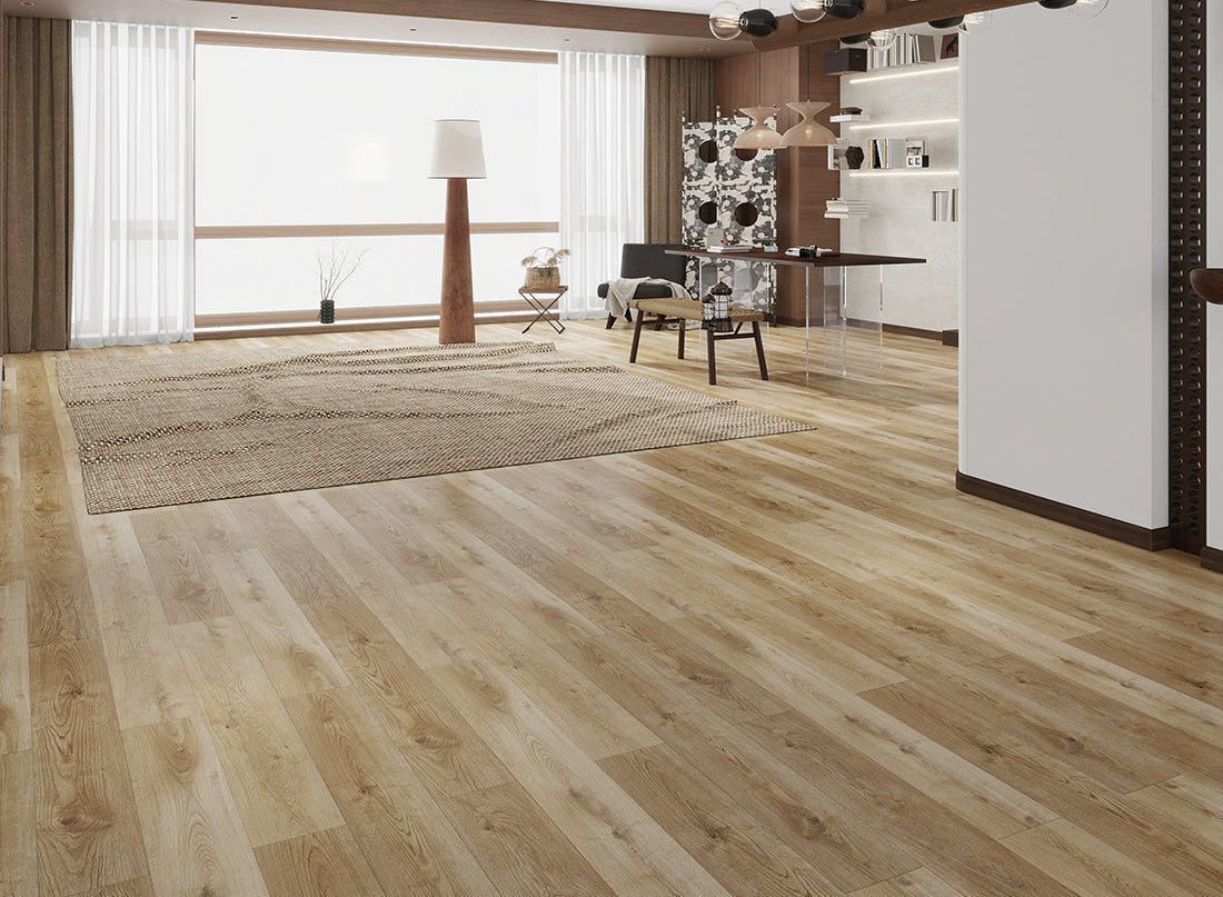 Ashdown Light Oak Luxury Click Vinyl Flooring 6mm installed in a spacious contemporary open-plan living area, featuring wide light oak-effect planks with warm natural tones, authentic wood grain detailing, subtle knot patterns and a realistic embossed matt finish.