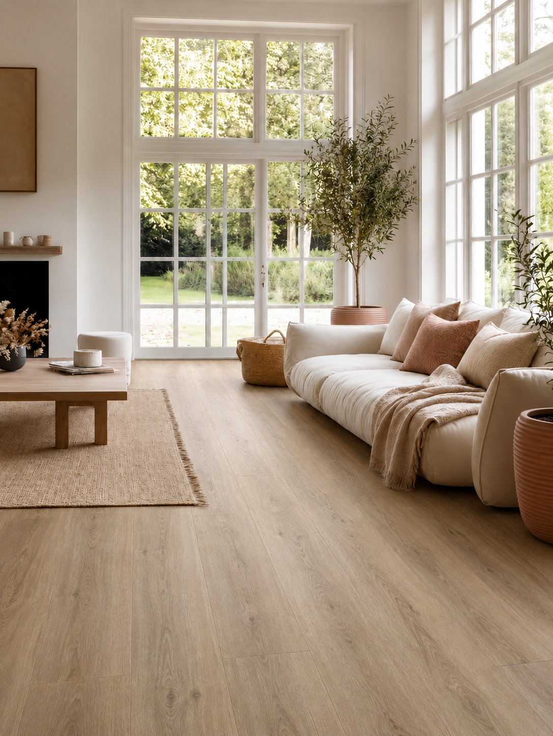 Amazon Oak Luxury Click Vinyl Flooring in a modern living room, showcasing light oak-effect vinyl flooring with realistic wood grain detail and natural beige tones. Waterproof click vinyl flooring installed throughout a bright open-plan space with large windows, contemporary furniture and soft neutral décor, highlighting durable wood-look flooring for family homes.