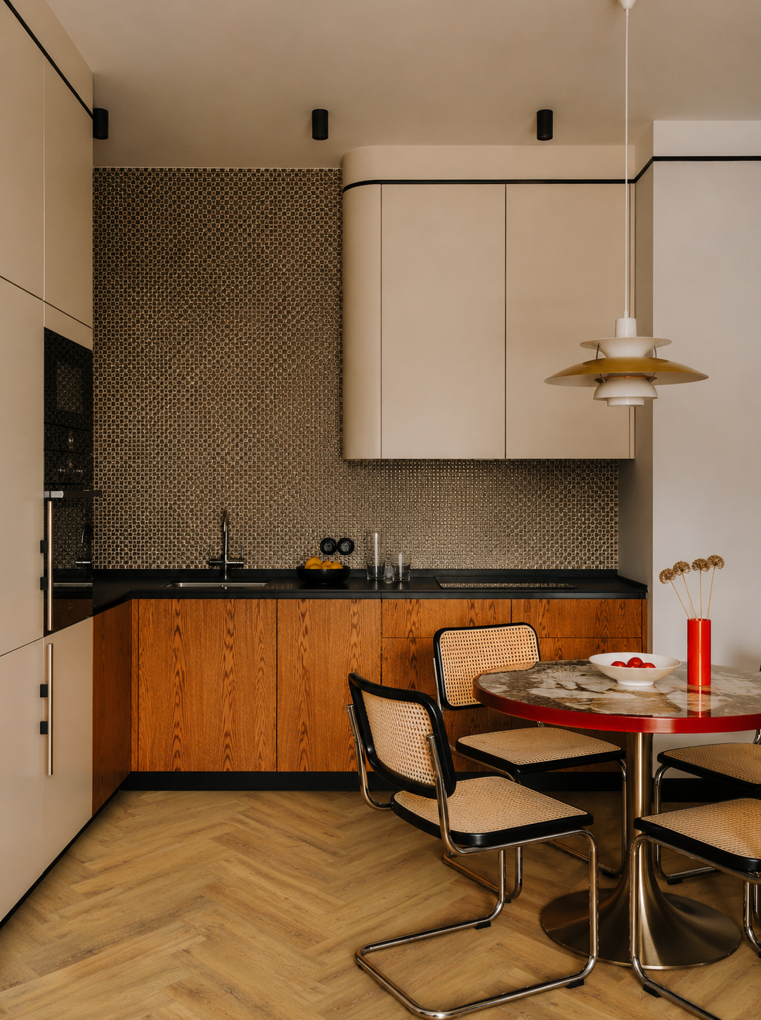 Modern kitchen featuring New Forest Oak Herringbone Luxury Click Vinyl Flooring 5.5mm waterproof SPC flooring