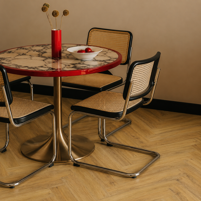 New Forest Oak Herringbone Luxury Click Vinyl Flooring 5.5mm in a modern dining area with mid-century furniture