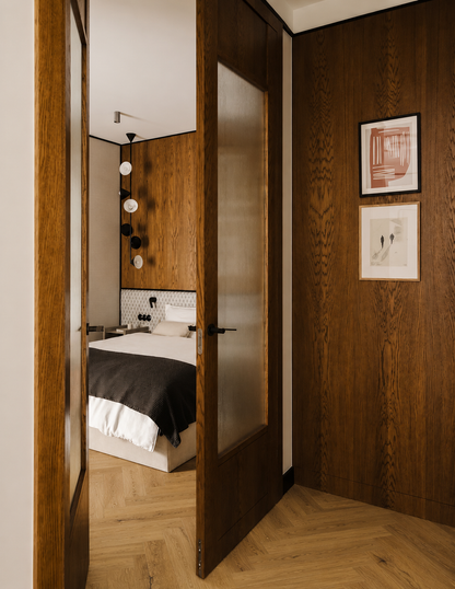 Modern hallway and bedroom featuring New Forest Oak Herringbone Luxury Click Vinyl Flooring 5.5mm waterproof SPC flooring