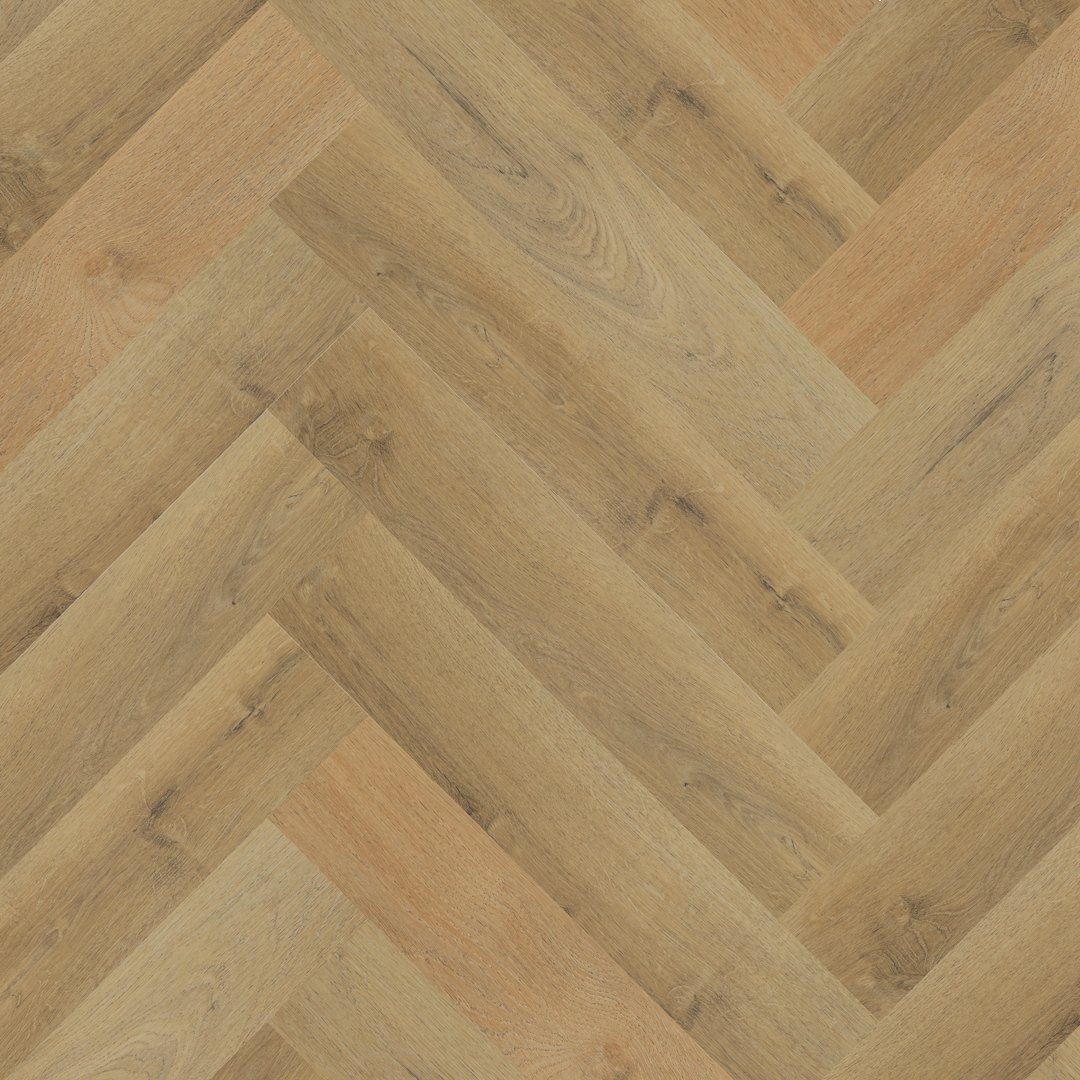 Fireside Oak Herringbone Luxury Click Vinyl Flooring 5.5mm with authentic oak-effect wood grain, warm natural oak tones and classic herringbone SPC click flooring design.