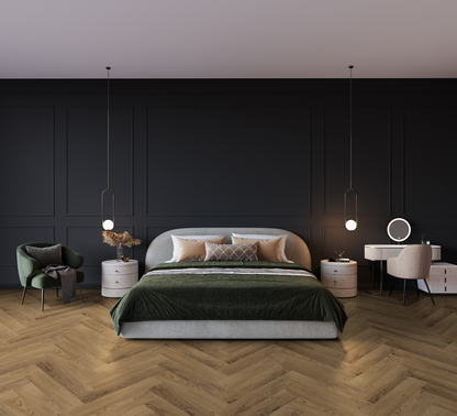 Sherwood Oak Herringbone Luxury Click Vinyl Flooring 5.5mm installed in a stylish contemporary bedroom with waterproof oak-effect herringbone flooring and modern interior design.