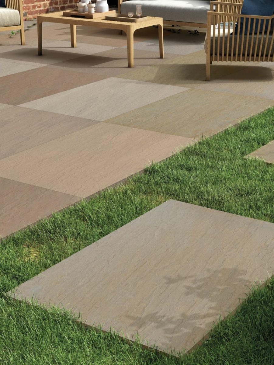 Raj Green outdoor porcelain paving garden room setting