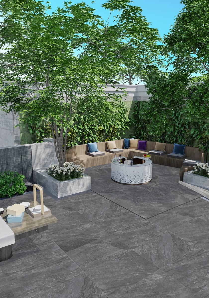 Rasa Nero outdoor porcelain paving room setting