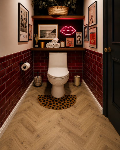 Sherwood Oak Herringbone luxury click vinyl flooring in a stylish eclectic bathroom with warm oak herringbone floor, burgundy wall tiles and contemporary décor.