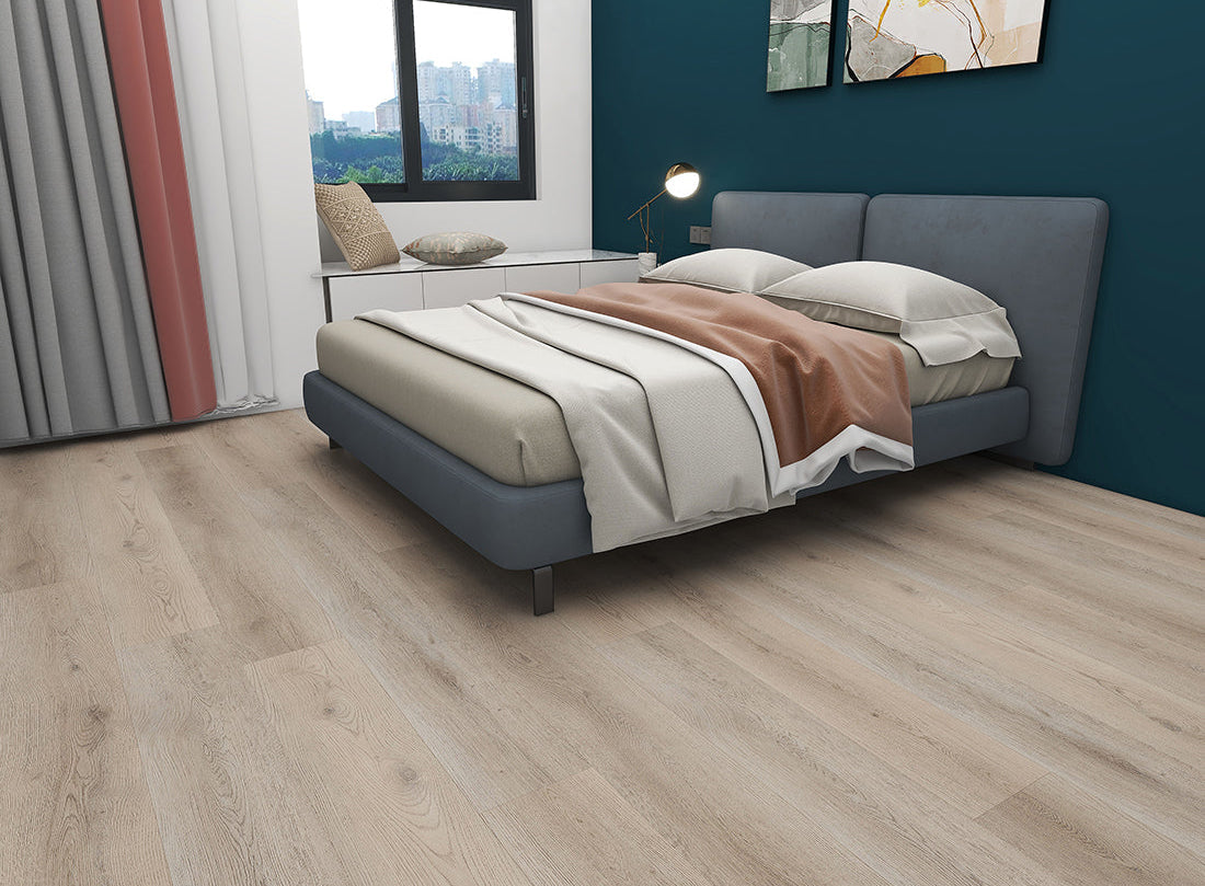 Kielder Smoked Oak Luxury Click Vinyl Flooring 6mm installed in a contemporary bedroom, featuring wide smoked oak-effect planks with rich brown tones, authentic wood grain detailing and a realistic embossed matt finish, creating a warm and sophisticated living space.