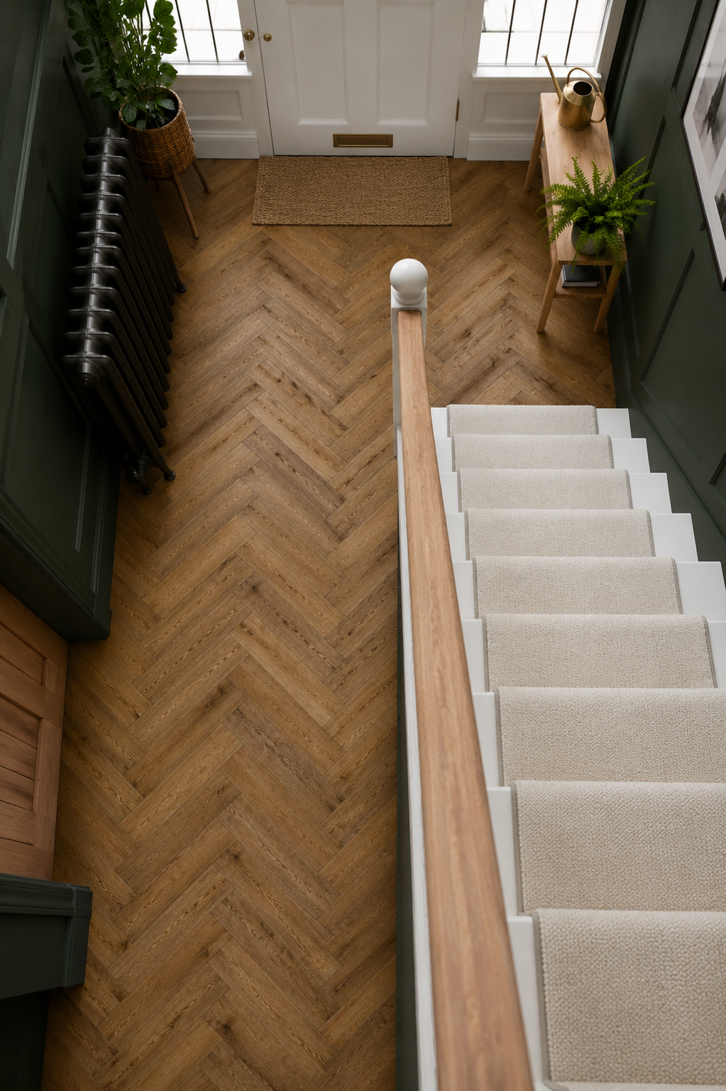 Sugar Oak Herringbone Luxury Click Vinyl Flooring in a modern hallway, showcasing oak-effect herringbone vinyl flooring with realistic wood grain detail and warm natural tones. Waterproof click vinyl flooring installed in a high-traffic entranceway, paired with dark green wall panelling, staircase and contemporary home décor.