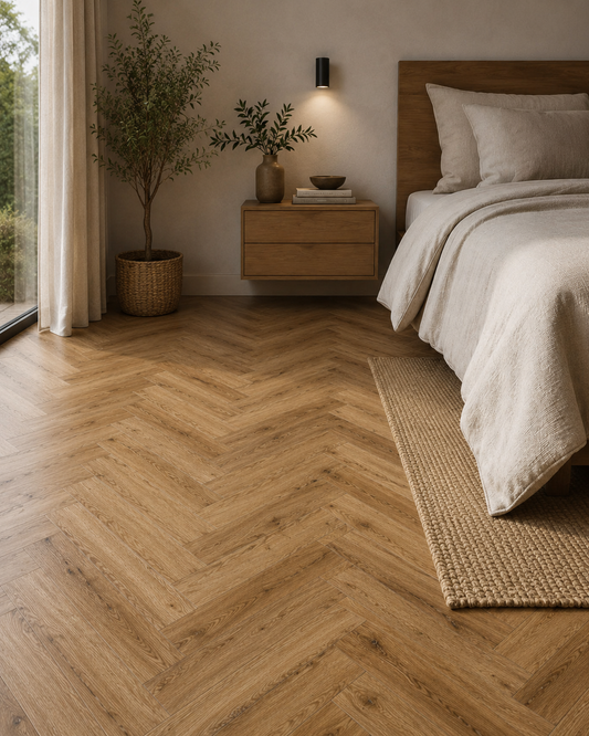 Sugar Oak Herringbone Luxury Click Vinyl Flooring installed in a contemporary bedroom, featuring a natural oak-effect herringbone pattern, realistic wood grain texture, neutral décor and warm natural light. Durable click vinyl flooring suitable for bedrooms and modern living spaces.