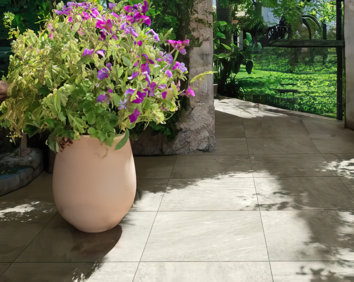 Ultra Aspen Bianco outdoor porcelain paving room setting
