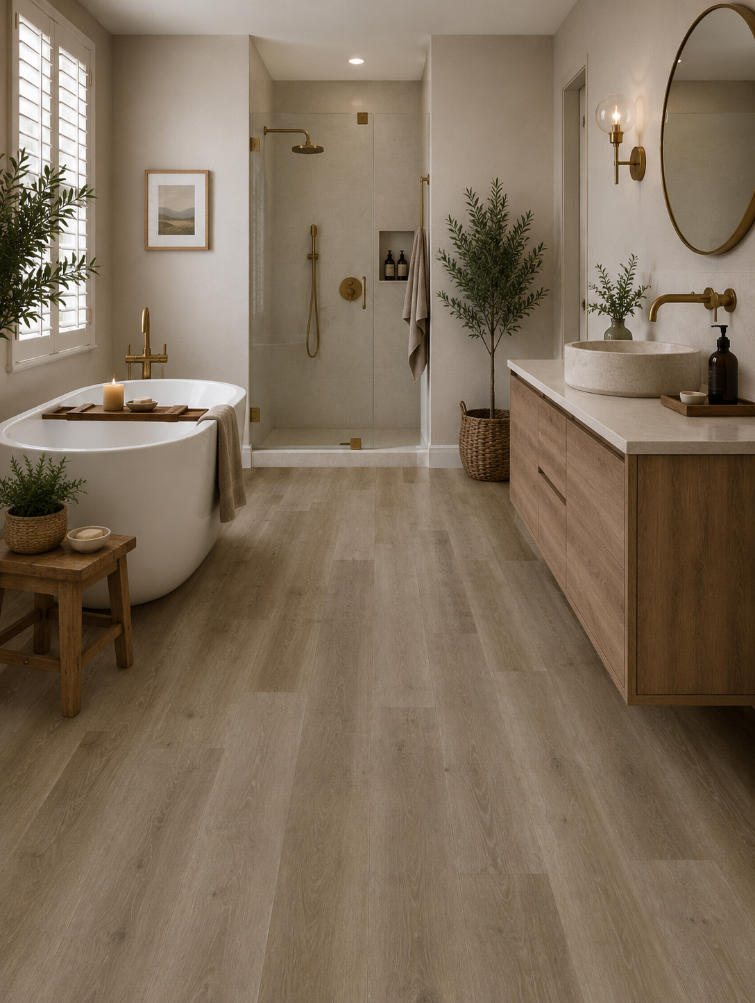 Windermere Oak XL Luxury Click Vinyl Flooring in a modern spa-style bathroom with warm natural oak tones, realistic wood grain, subtle knots and extra-large plank design.