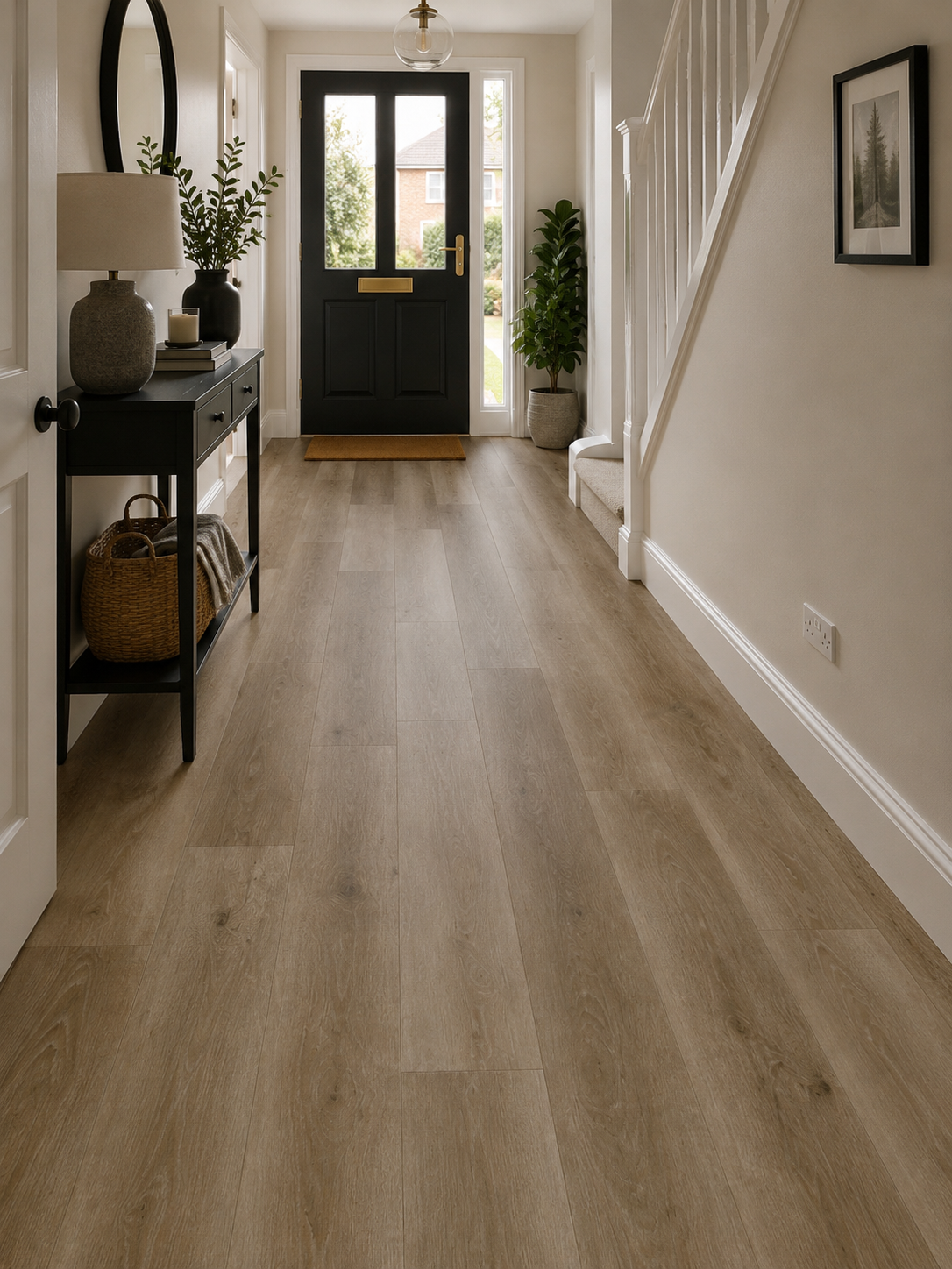 Windermere Oak XL Luxury Click Vinyl Flooring 7mm in a contemporary hallway featuring extra-large waterproof oak-effect SPC planks with realistic wood grain texture and natural matt finish.