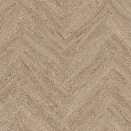 Close-up of Amazon Oak Herringbone Luxury Click Vinyl Flooring 5mm, showcasing a classic herringbone pattern with warm natural oak tones, authentic wood grain detailing, subtle knot patterns and a realistic embossed matt finish.