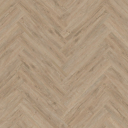 Close-up of Amazon Oak Herringbone Luxury Click Vinyl Flooring 5mm, showcasing a classic herringbone pattern with warm natural oak tones, authentic wood grain detailing, subtle knot patterns and a realistic embossed matt finish.