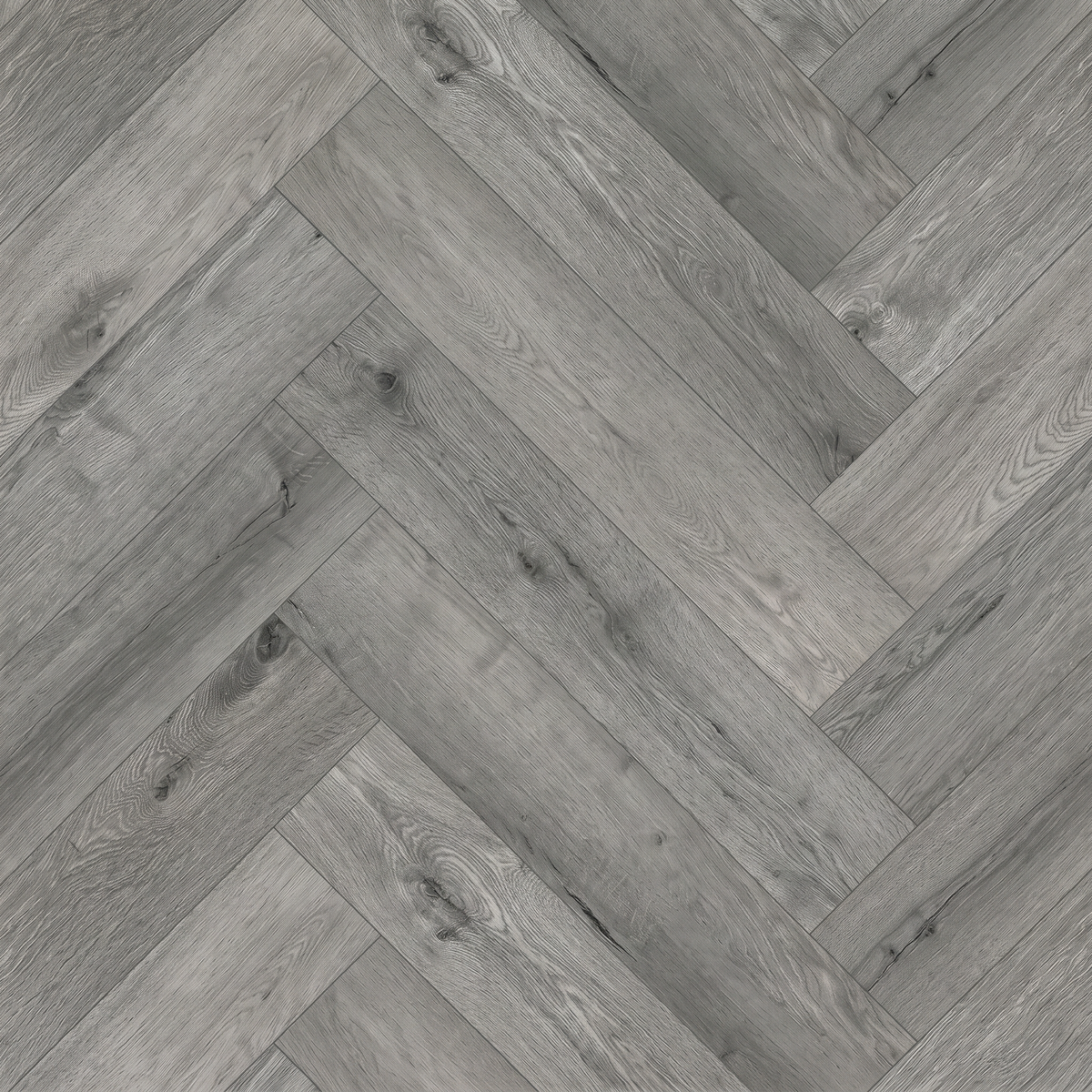 Azure Grey Herringbone Luxury Click Vinyl Flooring 5mm close-up featuring contemporary cool grey wood-effect SPC herringbone planks with authentic natural grain, realistic knot detailing, subtle texture and a matt finish, creating a stylish, modern and timeless flooring design.
