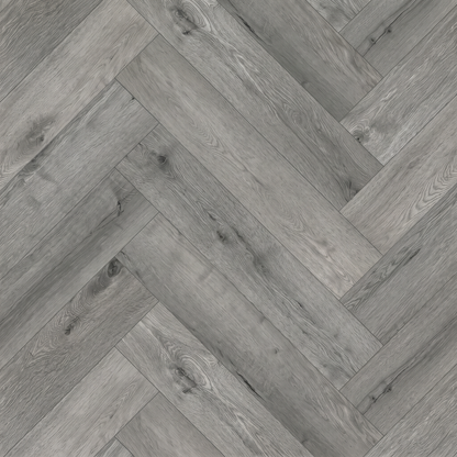 Azure Grey Herringbone Luxury Click Vinyl Flooring 5mm close-up featuring contemporary cool grey wood-effect SPC herringbone planks with authentic natural grain, realistic knot detailing, subtle texture and a matt finish, creating a stylish, modern and timeless flooring design.