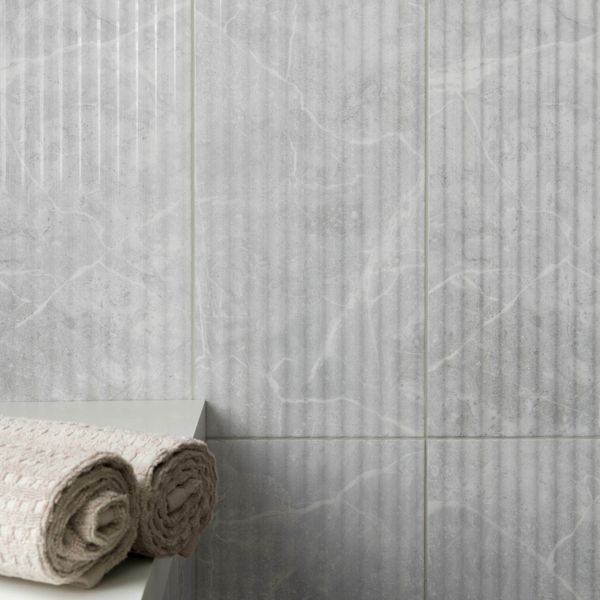 Agora Light Grey Gloss Marble Effect Decor Wall Tile 600x300 image 1