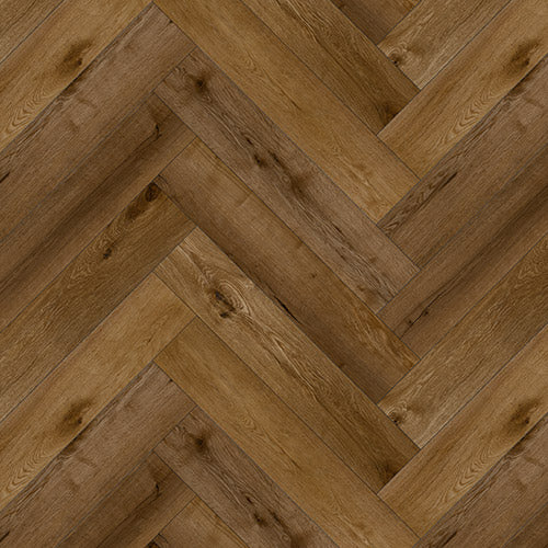 Close-up of Sugar Oak Herringbone Luxury Click Vinyl Flooring 5mm, showcasing a classic herringbone pattern with rich honey oak tones, authentic wood grain detailing, natural knot patterns and a realistic embossed matt finish.