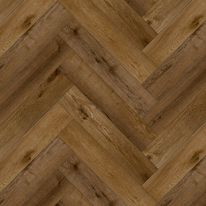 Close-up of Sugar Oak Herringbone Luxury Click Vinyl Flooring 5mm, showcasing a classic herringbone pattern with rich honey oak tones, authentic wood grain detailing, natural knot patterns and a realistic embossed matt finish.