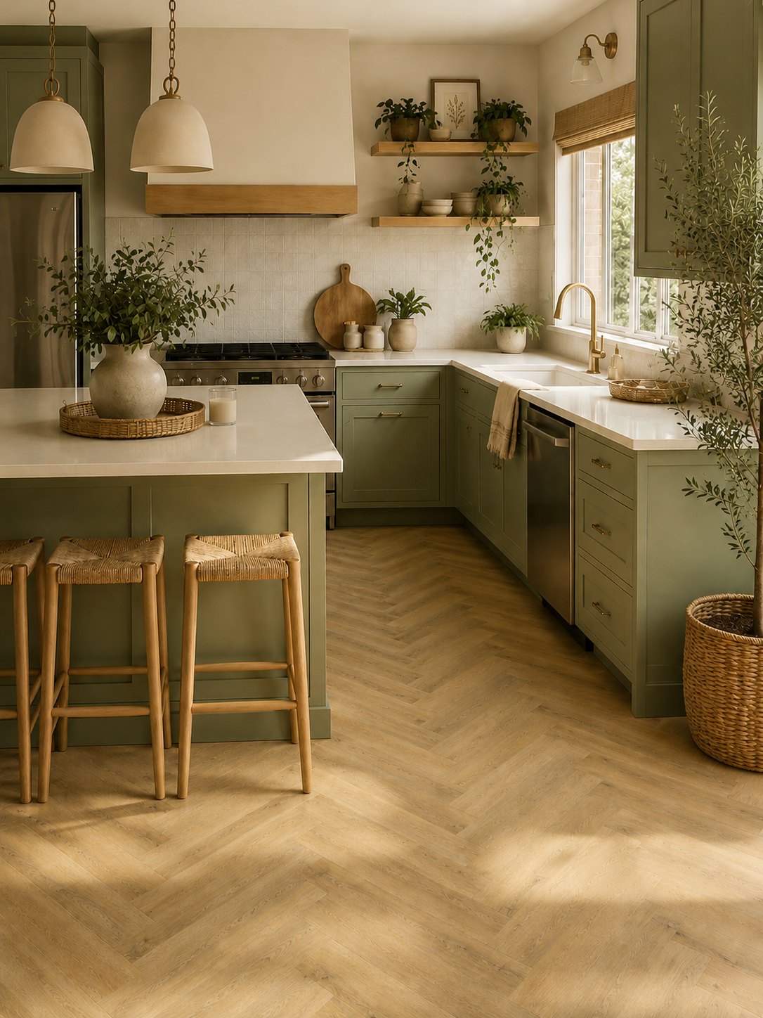 Modern kitchen featuring Fireside Oak Herringbone Luxury Click Vinyl Flooring 5.5mm with realistic oak-effect waterproof SPC flooring, natural wood texture, herringbone pattern and warm sunlight.