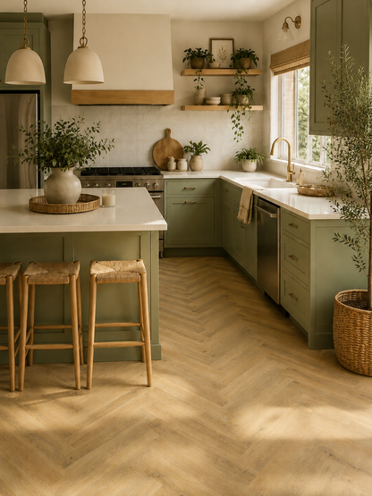 Modern kitchen featuring Fireside Oak Herringbone Luxury Click Vinyl Flooring 5.5mm with realistic oak-effect waterproof SPC flooring, natural wood texture, herringbone pattern and warm sunlight.