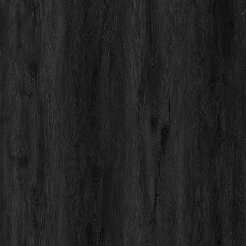 Black Ash Luxury Click Vinyl Flooring 5mm close-up showing deep black wood-effect SPC planks with realistic oak grain, subtle knot detailing and an authentic matt finish, ideal for contemporary, industrial and modern interiors.