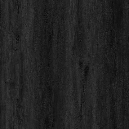 Black Ash Luxury Click Vinyl Flooring 5mm close-up showing deep black wood-effect SPC planks with realistic oak grain, subtle knot detailing and an authentic matt finish, ideal for contemporary, industrial and modern interiors.